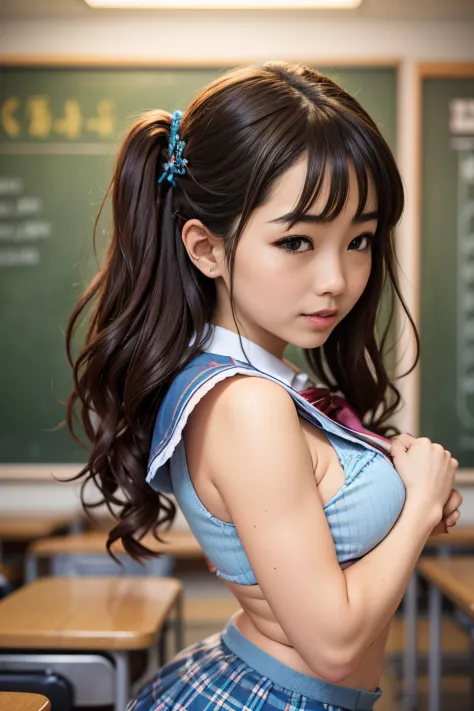 arafed asian woman, waifu, bending on teacher desk, miniskirt, christmas decorations in the classroom, sexy uniform, in a school...