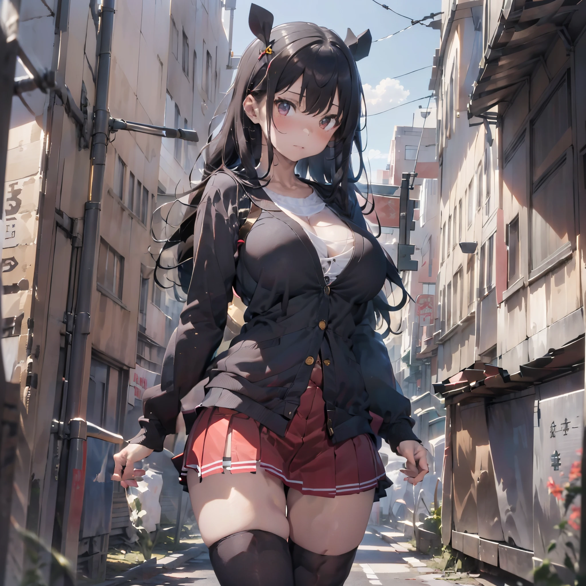 Anime girl in a short skirt and black top walking down a street - SeaArt AI