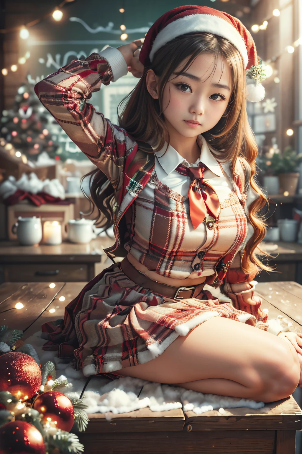 arafed femme asiatique, waifu, penché sur le bureau du professeur, mini jupe, décorations de Noël en classe, uniforme sexy, dans un uniforme scolaire posant devant un tableau noir avec des décorations de Noël, a hyperÉcolière réaliste, hyperÉcolière réaliste, waifu, cyber écolière, Écolière réaliste, seifuku, habillé en écolière, uniforme scolaire japonais, Uniforme scolaire japonais, écolière, écolière mignonne, wearing Uniforme scolaire japonais, , beautiful anime high écolière