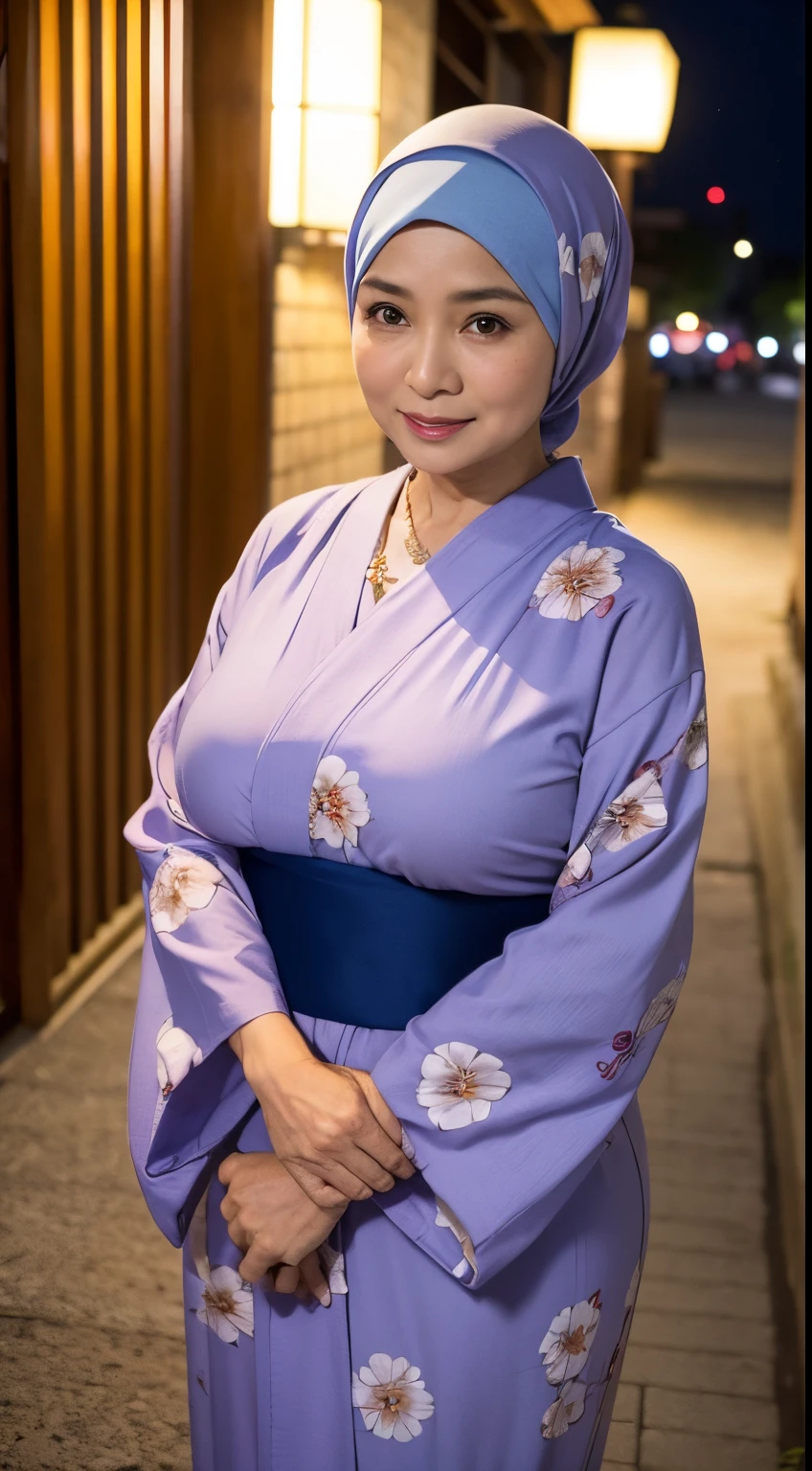 58 Years old, Indonesian mature woman, wearing Wide Hijab, perfect , natural Gigantic breast : 96.9, gorgeous eyes, Soft smile, wear a Yukata, No Wearing Bra, necklace, Breast about to burst Out, Nightime walk, Lewd Situation, Light Colour.