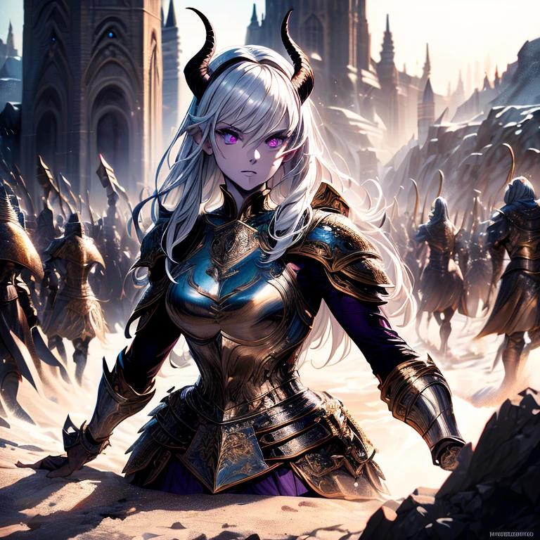 masterpiece, highest quality, (solo focuull bodyview, (perfect face:1.1), (high detail:1.1), (hyper detailed eyes), dramatic, a tiefling woman with pale white skin and long voluminous white hair, 25 years old, purple eyes, solo, long hair, purple horns, toned body, athletic body, metal-plated armor, arrogant expression, holding sword, raising tip of the sword, commanding an army, giving signal to attack, attack comand, daylight, forest, fantasy setting, detailed background, cinematic lighting