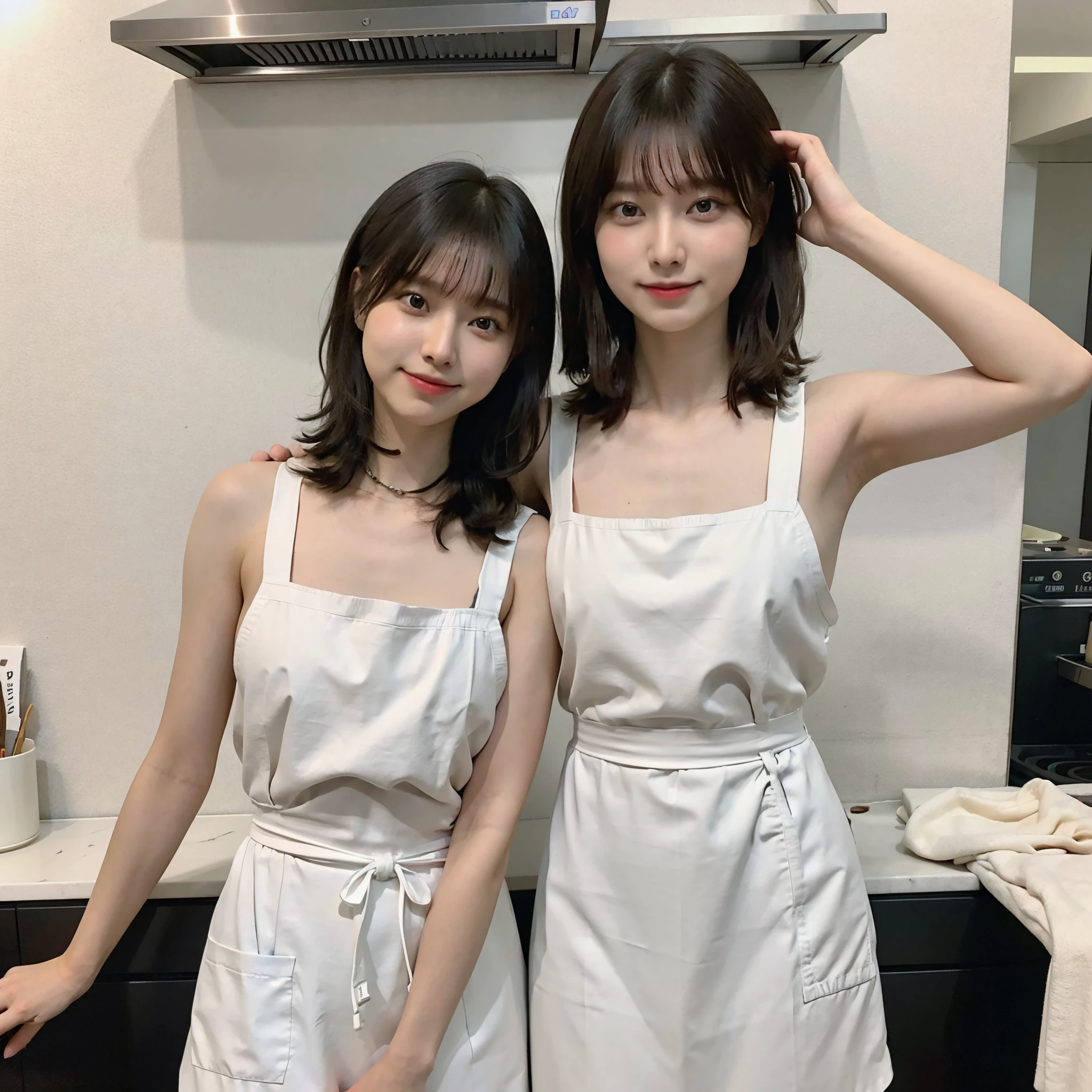 Two women in aprons standing in a kitchen next to a stove - SeaArt AI