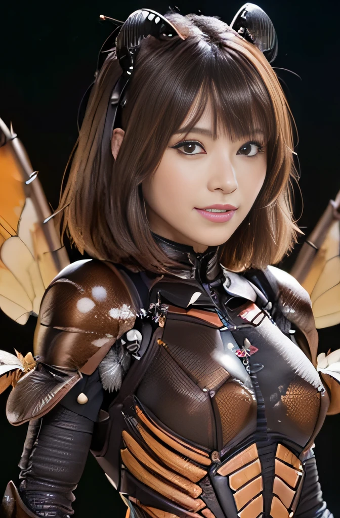 (high resolution,masterpiece,best quality,extremely detailed CG, anime, official art:1.4), realistic, photo, amazing fine details, all intricate, gloss and shiny,awesome many layers, 8k wall paper, 3d, sketch, kawaii, illustration,( solo:1.4), perfect female proportion,villainess, (fusion of dark brown cockroach and lady:1.4), (brown cockroach form lady:1.2), (brown cockroach lady:1.2), (fusion:1.2), (solo:1.4), (evil smile:1.2), muscular, abs, (cockroach brown exoskeleton bio insect suit:1.4), (cockroach brown exoskeleton bio insect armor:1.2), (brown transparency cockroach wing:1.4), (brown cockroach antennae:1.3),