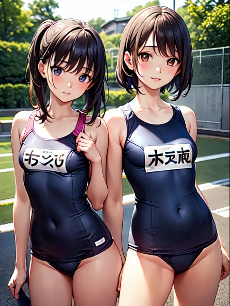 (Best Quality,hight resolution,masutepiece:1.2),Ultra-detailed,(Realistic,Photorealistic,Photorealsitic:1.37),Game CG,1girl in, a five years girl, Black hair, (half up:1.1), (small tits:1.3), (Japan School Swimwear:1.5), Eyes and faces with detailed, Blush...