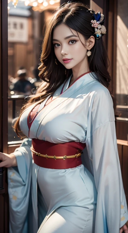 best qualtiy、Photorealsitic、8K、hight resolution、女の子 1 人、femele、(Dents in the skin)、(Professional Lighting)、(Kimono:1.74)、Luxury、(((Bigchest、Narrow waist)))、(Girl looking at viewer one eye:1.54)、((Watching the viewer:1.6)) 、(is looking at the camera)、Photorealsitic、(bokeh feeling)、(dynamicposes:1.2)、​masterpiece、Convoluted、realisitic、foco nítido、awardwinning photo、a smile