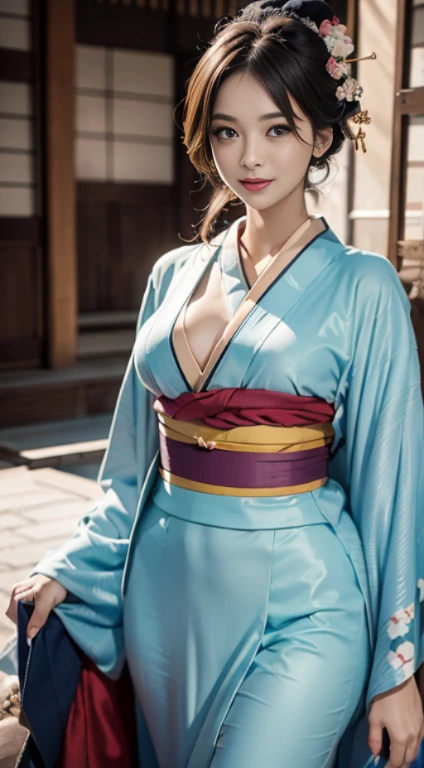 best qualtiy、Photorealsitic、8K、hight resolution、女の子 1 人、femele、(Dents in the skin)、(Professional Lighting)、(Kimono:1.74)、Luxury、(((Bigchest、Narrow waist)))、(Girl looking at viewer one eye:1.54)、((Watching the viewer:1.6)) 、(is looking at the camera)、Photorealsitic、(bokeh feeling)、(dynamicposes:1.2)、​masterpiece、Convoluted、realisitic、foco nítido、awardwinning photo、a smile