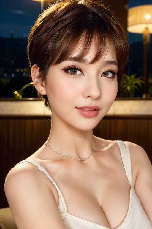 woman posing for a photo, (wearing short tube),pixie cut, glam makeup, good hand,4k, high-res, masterpiece, best quality, head:1.3,((Hasselblad photography)), finely detailed skin, sharp focus, (cinematic lighting), collarbone, night, soft lighting, dynamic angle, [:(detailed face:1.2):0.2],(((5 stars hotel))), outside, short tube