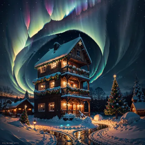 cool christmas night,polar lights,snow,colorful,beautiful