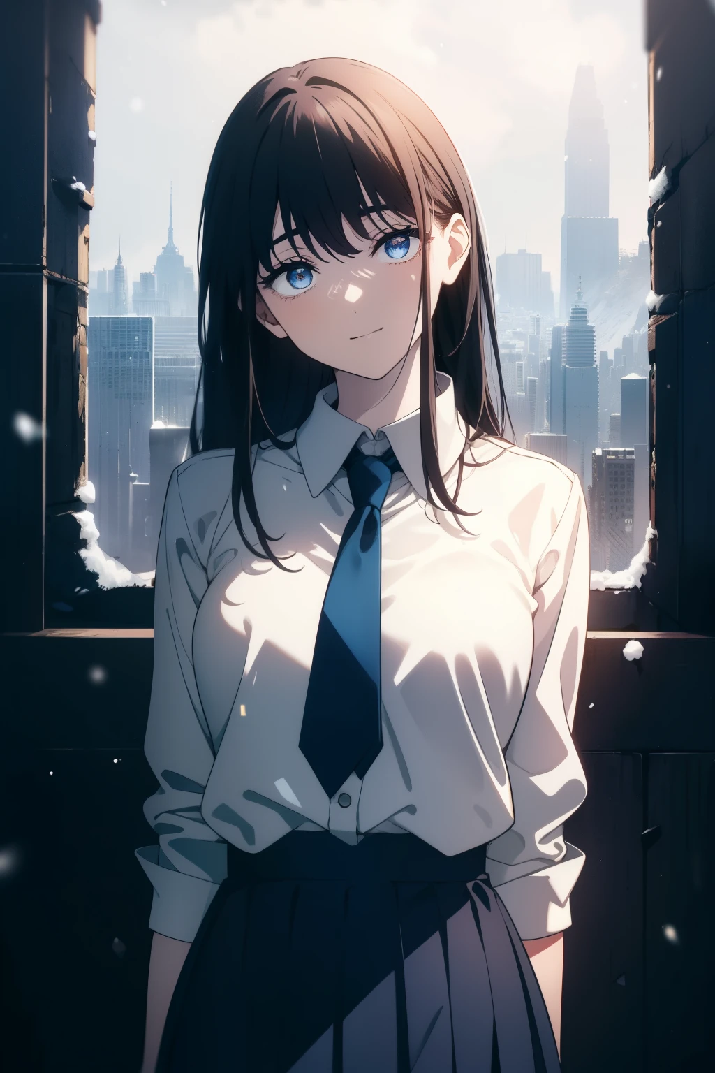 (Obra maestra, La mejor calidad, ultrahigh resolution), 1girl, standing, school uniform, white office shirt, black pleated skirt, (((light brown, light brown hair:0.7))), long hair cut, pale skin, ((blue eyes)), glowing_eyes, neon eyes, (ultra detailed eyes:0.7, beautiful and detailed face, detailed eyes:0.9), ((centered)), smile, ((wide shot)), facing viewer, eye level, ((vibrant background, snowy landscape, cityscape, snowing, snow)), flat chested, looking at viewer, ((half closed eyes)), ((perfect hands)), (((head:1, arms, hips, elbows, in view))), ((hands behind back)), empty eyes, beautiful lighting, outside, outdoors, background, defined subject, 25 years old, (head tilt)