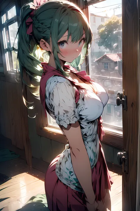 (((school classroom one girl, Medium bust、morning, Sunlight, Best Shadows, The best lighting、(posterior view)、(Looking into the schoolyard from the window)、leaning forward on the window sill、The chest is covered by the window sill、Spread your buttocks with...