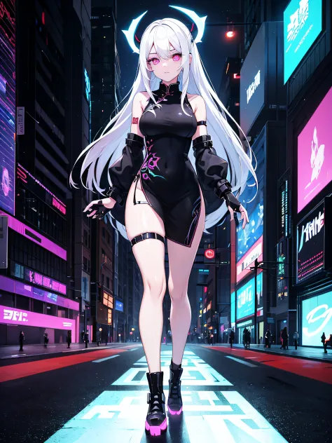 1girl, white colored hair, Long hair, Cyber Eyes, walk,  hiquality, glowing eyes, ciberpunk, Cyber Arm, glowing tattoo, full - b...