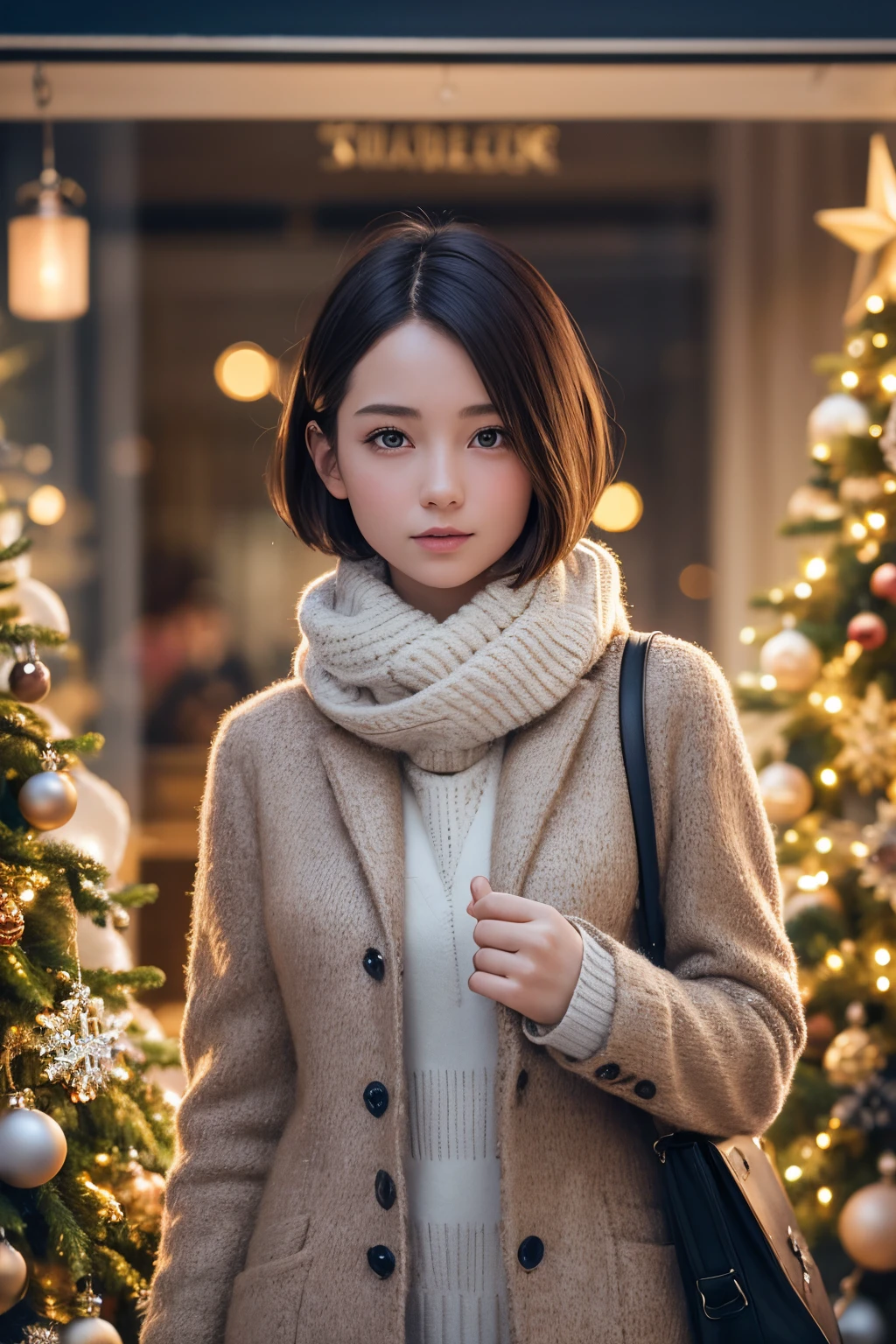 stand in front of the Christmas show window, college girls, Winter fashion, pupils sparkling, short hair, depth of field, f/2.8, anatomically correct, textured skin, super detail, high details, high quality, super detail, high details, high quality, best quality, highres