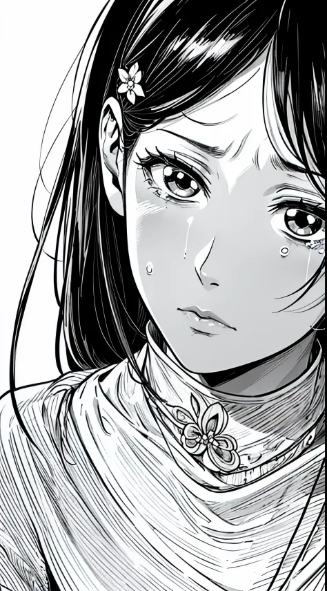 A woman with long hair with a flower in her hair, black background, sad, depressed, crying, expressionless, bust shot, rough expressive lines, expressive lines, dark lines, dense lines, strong line work, masterpiece, best quality, black and white manga, su...