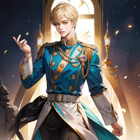 Masterpiece, high quality, best quality, HD, realistic, perfect lighting, detailed body, 1 man, perfect eyes, short hair, gold Hair, glowing, blue prince uniform, palace background.