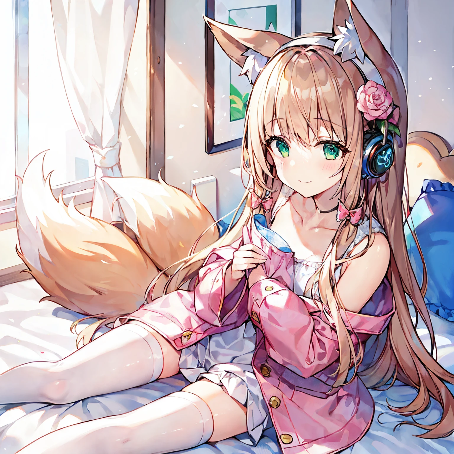 (tmasterpiece, Best quality, A high resolution,8k), 1 girl, alone, Oversized fox tail，Green-eyed，(Long brown hair)，Small flower headdress, (16 yaers old_high school senior)，Moro Liberation Front，At home，sitting down on the floor_Leaning against the side of the bed，Wear the headphones on your head，Holding a pillow，Wearing pink pajamas，White stockings，Quilt internal inspection，