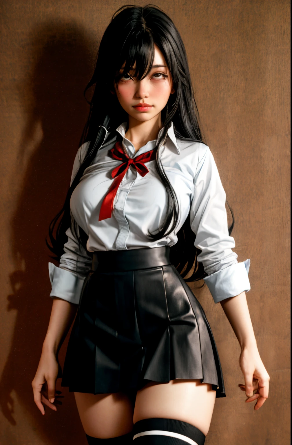 (full figure:1.1), 1 girl as yukino yukinoshita, absurdres, highres, solo, school uniform, big breasts, waist long black hair, (twintails:0.5), miniskirt, (black thighhigh socks:1.1), loose red ribbon, unbuttoned white shirt, (ahegao:1.2), (rolling eyes:1.2)