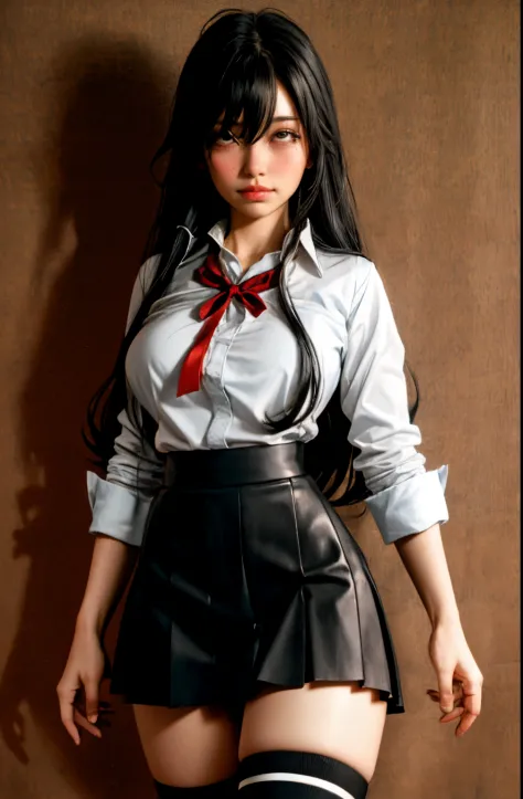 (full figure:1.1), 1 girl as yukino yukinoshita, absurdres, highres, solo, school uniform, big breasts, waist long black hair, (...