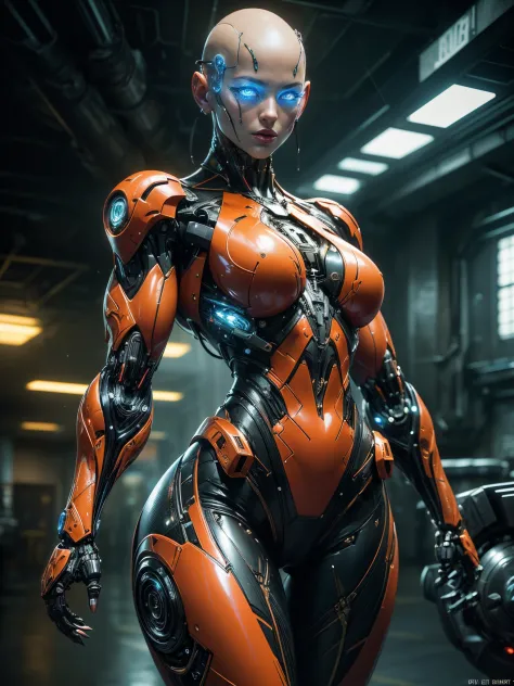 Cinematic, hyper-detailed, and insanely detailed, this artwork captures the essence of a bald hairless muscular female android g...