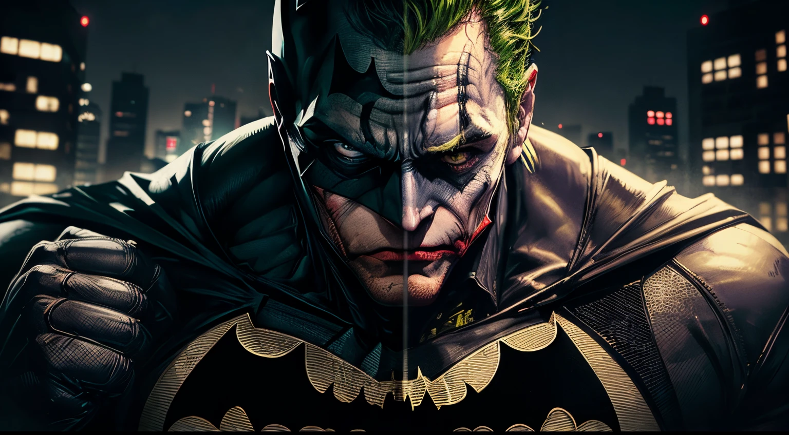 ((Batman grabbing the Joker by the neck)), cidade , alta qualidade , papel de parede , distant view, expression of anger