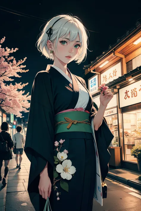 girl with short white hair and with black open kimono with green flowers  and having flower tottos on chest in tokyo night next to blossom tree standing