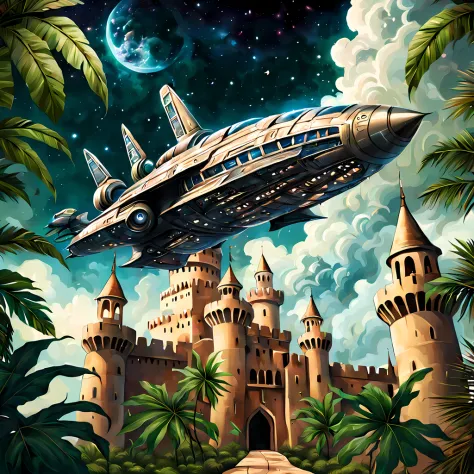 ((view behind the tropical leaves)), (((menacing spaceship))) gracefully floating ((above an Arabian castle)), ((cosmic sky)) wi...