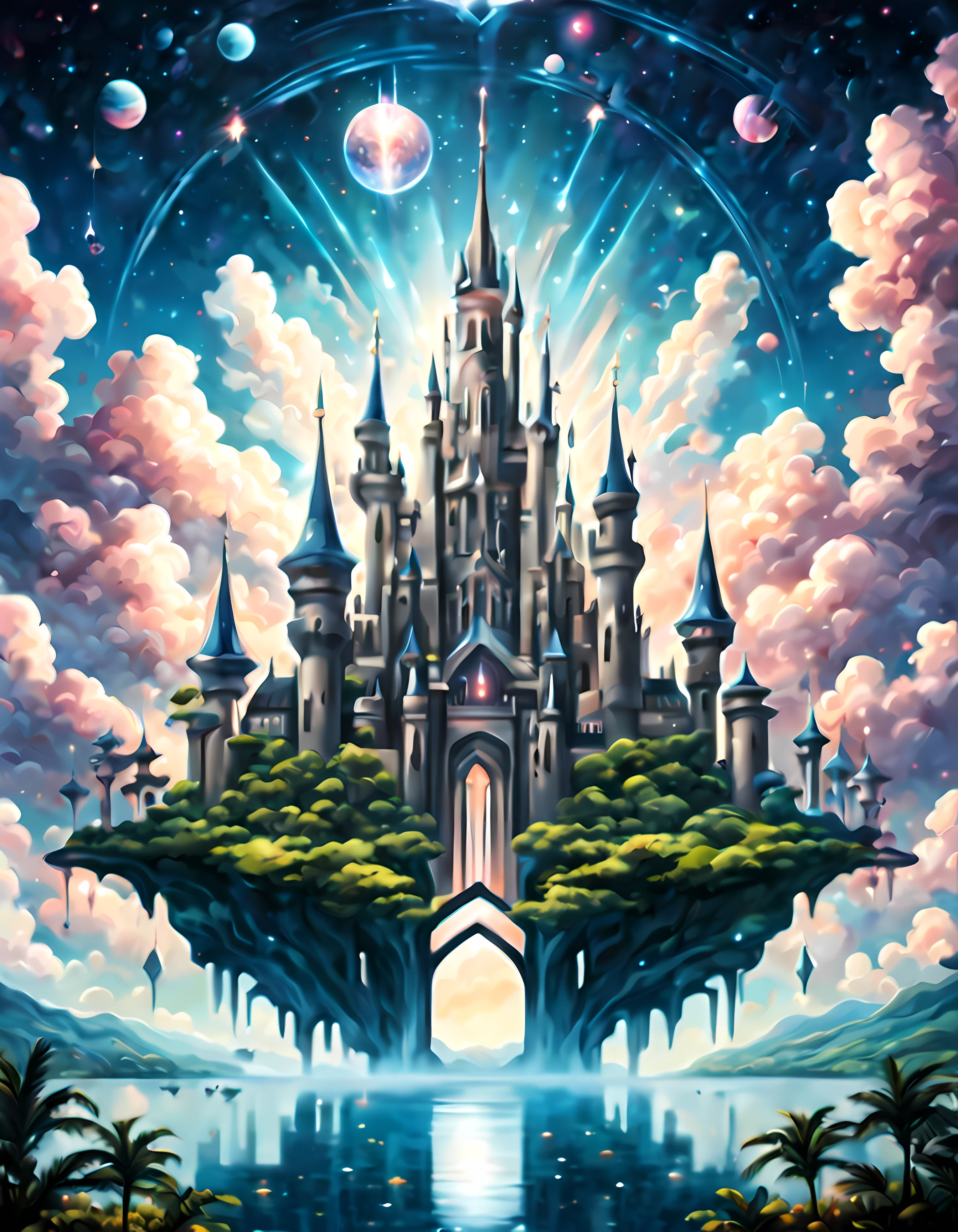 (symmetrical:1.3), (((Sci-Fi))), a majestic (((Sci-Fi castle floating))) gracefully amidst the ((cosmic sky)) with ((romantic clouds)), towering gothic architecture, ((energy crystals)), surrounded by floating tropical islands, surreal fusion of medieval and sci-fi elements, More Detail