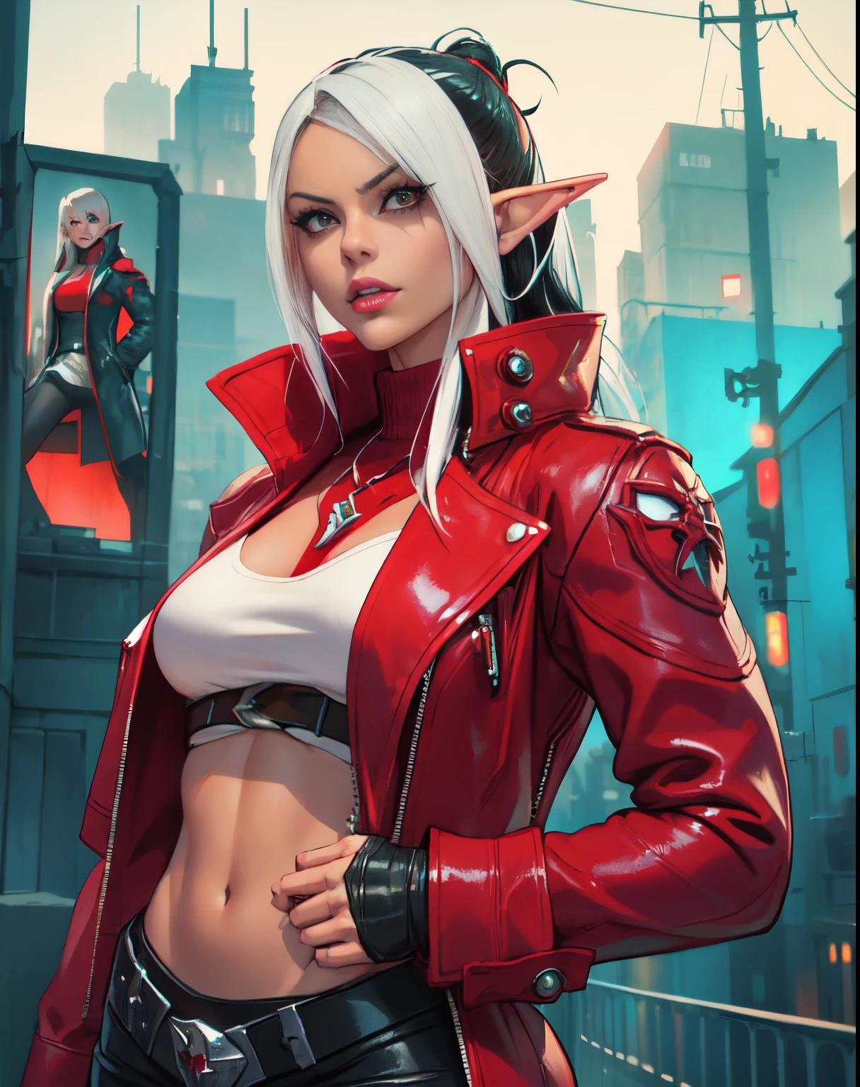 Arafed Frau in einer roten Jacke und schwarzen Hosen posiert für ein Foto, v von Devil May Cry als Elfe, Dante aus Devil May Cry, , Tifa Lockhart mit weißen Haaren, Jessica Schwarz, Dante aus Devil May Cry 2 0 0 1, voll-, glamourös , alena aenami and artgerm, weiblicher Schurkenmörder