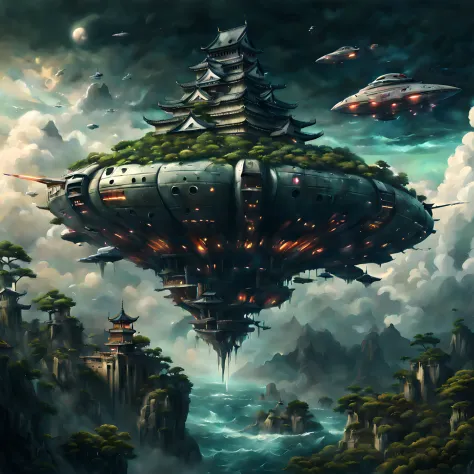 (epic digital drawing:1.3), ((tropical landscape)), (((menacing spaceship))) gracefully floating ((above a legendary Japanese ca...