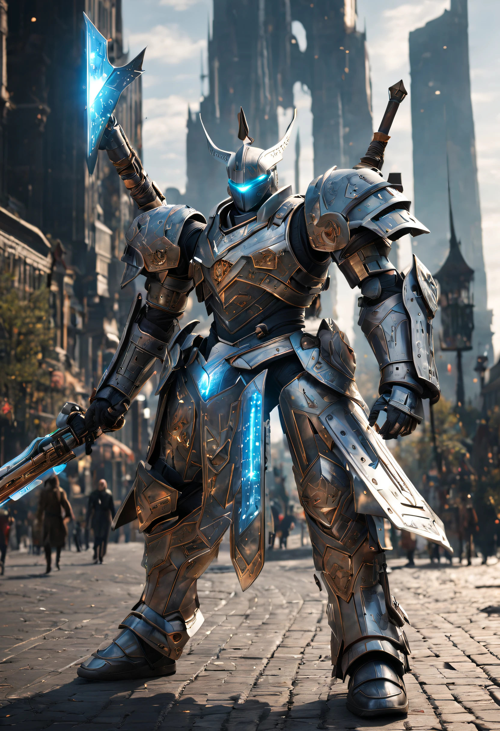 (Knight wearing European medieval heavy armor)，(The armor incorporates futuristic sci-fi elements)，(glowing wires、High-tech textures and smart sensors)，((Knight holding medieval style battle ax))，((The Tomahawk also incorporates future technology elements，Energy Light Blade，energy shields，The battle ax exudes a faint glow of energy))，((Riding a mighty war horse))，((The war horse equipment also incorporates futuristic science fiction elements..，War horses have glowing saddles、Smart sensing devices and energy shields))，Showing the combination of future technology and medieval knight culture。(The background is a medieval-style city and airplane built with futuristic technology, towering skyscrapers, flying cars, and suspended cities)。light and shadow effect，Raycasting，Subtle shadows and highlights on the knight&#39;s armor and weapons，Create light and shadow effects of future technology。Glowing sword, Luminous earrings, Glowing butterfly, Luminous Particle