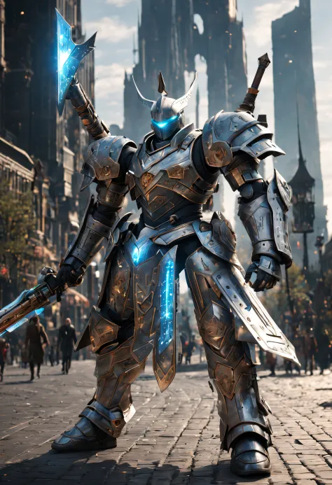 (knight wearing european medieval heavy armor)，(the armor incorporates futuristic sci-fi elements)，(glowing wires、high-tech text...