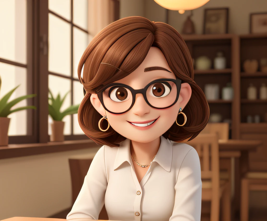 A 50-year-old woman, with short brown hair, a round face, a round face with a charming smile, and brown eyes, wearing glasses, small earrings in her ears, sitting at a table with an orchid