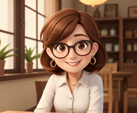 A 50-year-old woman, with short brown hair, a round face, a round face with a charming smile, and brown eyes, wearing glasses, s...