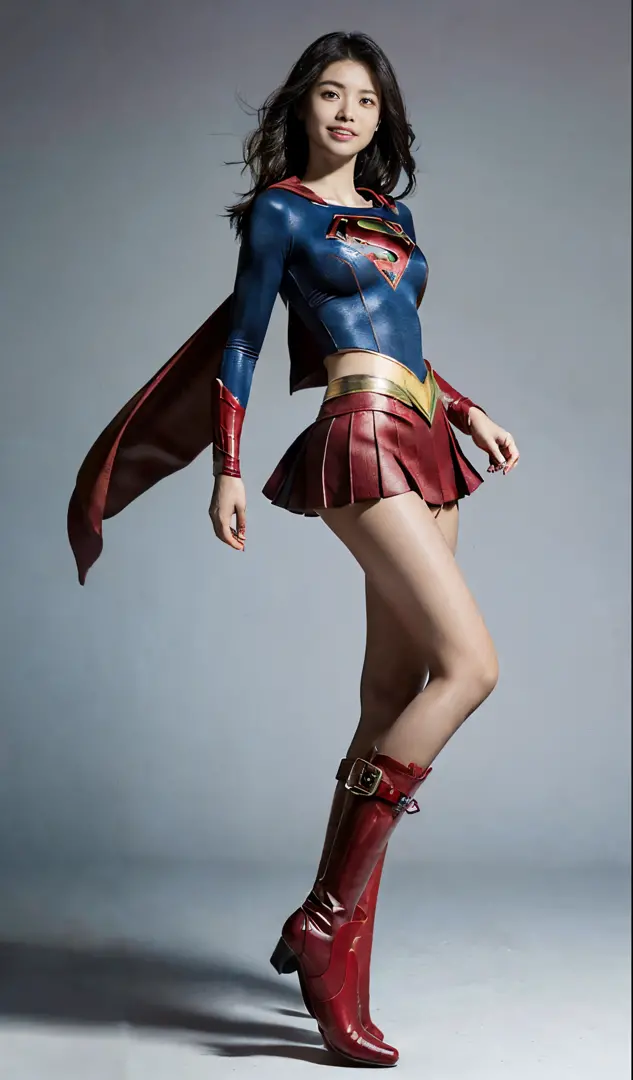 (((Wear black tights on your beautiful legs.)))、(((Grow legs、tall、Legally express the beauty of your smile)))、((((Make the most of the original image)))、(((Supergirl Costume)))、(((beautiful hairl)))、(((Suffering)))、(((Feet must necessarily be worn with bla...