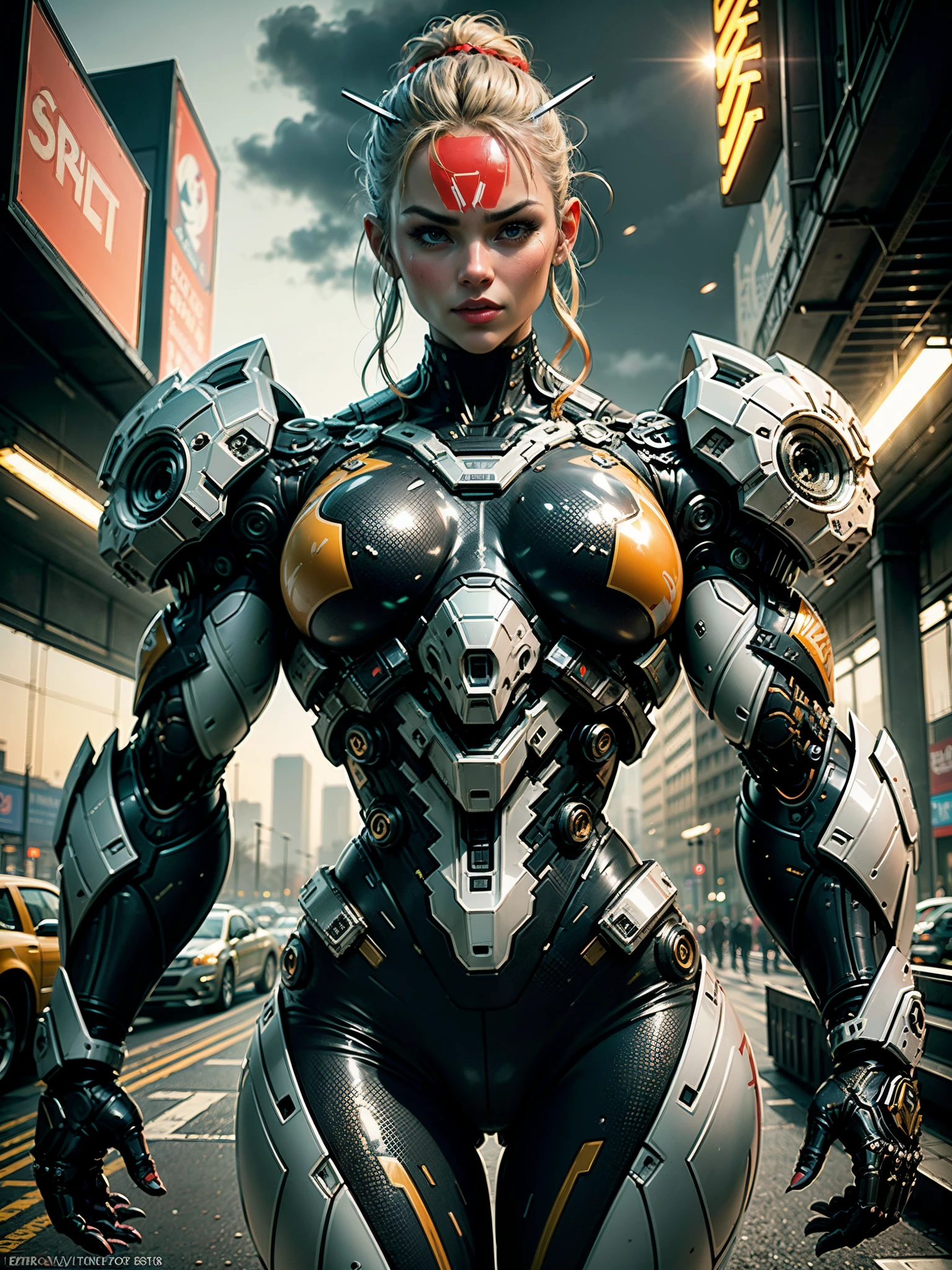 (1girl:1.5), Cinematic, hyper-detailed, and insanely detailed, this artwork captures the essence of a hairless muscular female android girl. Beautiful color grading, enhancing the overall cinematic feel. Unreal Engine brings her anatomic cybernetic muscle suit to life, appearing even more mesmerizing. With the use of depth of field (DOF), every detail is focused and accentuated, drawing attention to her eyes and the intricate design of the anatomic cybernetic muscle suit . The image resolution is at its peak, utilizing super-resolution technology to ensure every pixel is perfect. Cinematic lighting enhances her aura, while anti-aliasing techniques like FXAA and TXAA keep the edges smooth and clean. Adding realism to the anatomic cybernetic muscle suit, RTX technology enables ray tracing. Additionally, SSAO (Screen Space Ambient Occlusion) gives depth and realism to the scene, the girl's anatomic cybernetic muscle suit become even more convincing. In the post-processing and post-production stages, tone mapping enhances the colors, creating a captivating visual experience. The integration of CGI (Computer-Generated Imagery) and VFX (Visual Effect brings out the anatomic cybernetic muscle suit's intricate features in a seamless manner. SFX (Sound Effects) complement the visual artistry, immersing the viewer further into this fantastic world. The level of detail is awe-inspiring, with intricate elements meticulously crafted, the artwork hyper maximalist and hyper-realistic. Volumetric effects add depth and dimension, and the photorealism is unparalleled. The image is rendered in 8K resolution, ensuring super-detailed visuals. The volumetric lightning adds a touch of magic, highlighting her beauty and the aura of her anatomic cybernetic muscle suit in an otherworldly way. High Dynamic Range (HDR) technology makes the colors pop, adding richness to the overall composition. Ultimately, this artwork presents an unreal portrayal of a super muscled cybernetic female android