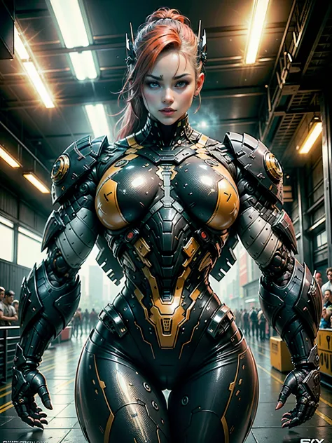 (1girl:1.5), Cinematic, hyper-detailed, and insanely detailed, this artwork captures the essence of a hairless muscular female android girl. Beautiful color grading, enhancing the overall cinematic feel. Unreal Engine brings her anatomic cybernetic muscle ...