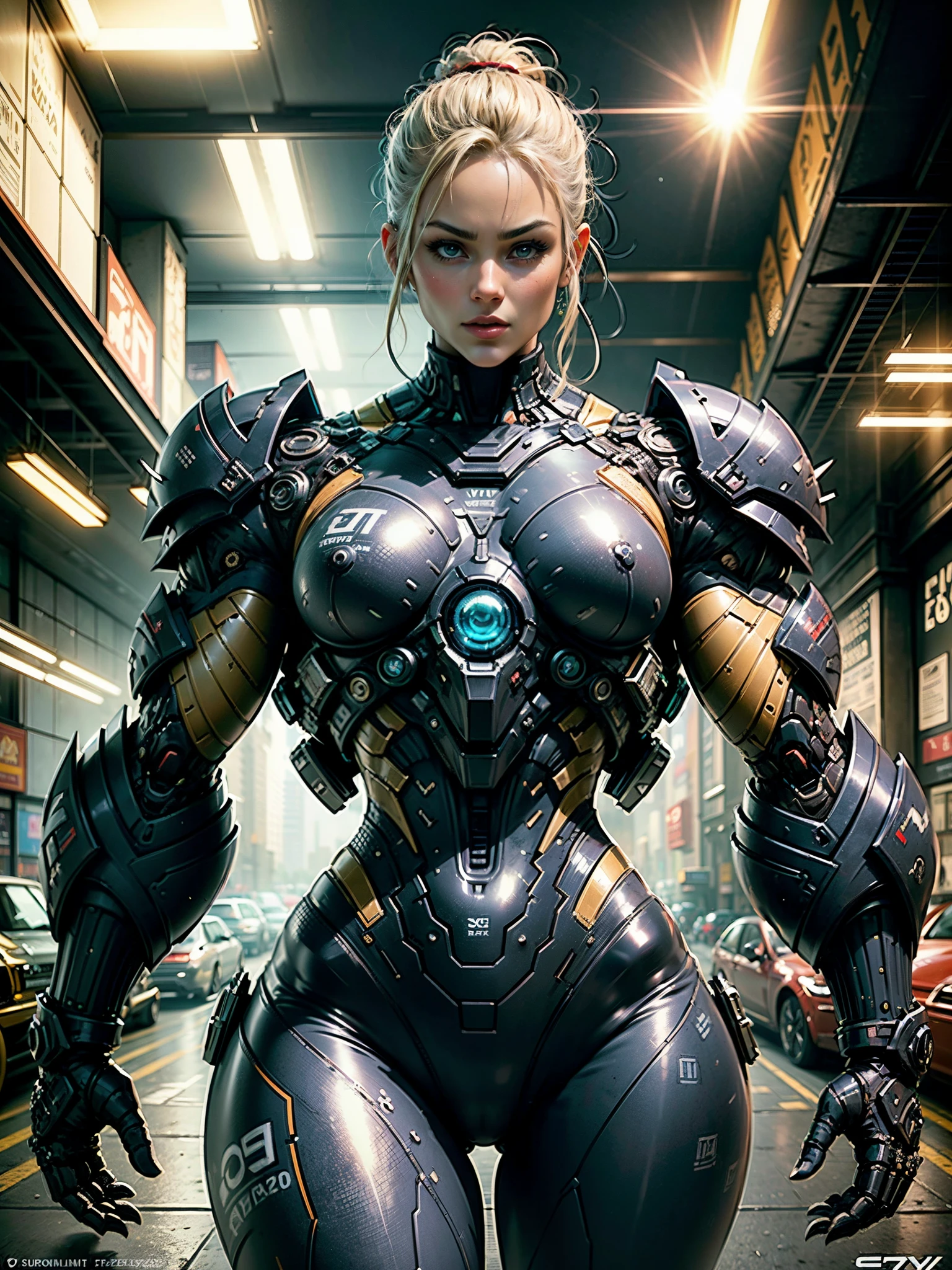 (1girl:1.5), Cinematic, hyper-detailed, and insanely detailed, this artwork captures the essence of a hairless muscular female android girl. Beautiful color grading, enhancing the overall cinematic feel. Unreal Engine brings her anatomic cybernetic muscle suit to life, appearing even more mesmerizing. With the use of depth of field (DOF), every detail is focused and accentuated, drawing attention to her eyes and the intricate design of the anatomic cybernetic muscle suit . The image resolution is at its peak, utilizing super-resolution technology to ensure every pixel is perfect. Cinematic lighting enhances her aura, while anti-aliasing techniques like FXAA and TXAA keep the edges smooth and clean. Adding realism to the anatomic cybernetic muscle suit, RTX technology enables ray tracing. Additionally, SSAO (Screen Space Ambient Occlusion) gives depth and realism to the scene, the girl's anatomic cybernetic muscle suit become even more convincing. In the post-processing and post-production stages, tone mapping enhances the colors, creating a captivating visual experience. The integration of CGI (Computer-Generated Imagery) and VFX (Visual Effect brings out the anatomic cybernetic muscle suit's intricate features in a seamless manner. SFX (Sound Effects) complement the visual artistry, immersing the viewer further into this fantastic world. The level of detail is awe-inspiring, with intricate elements meticulously crafted, the artwork hyper maximalist and hyper-realistic. Volumetric effects add depth and dimension, and the photorealism is unparalleled. The image is rendered in 8K resolution, ensuring super-detailed visuals. The volumetric lightning adds a touch of magic, highlighting her beauty and the aura of her anatomic cybernetic muscle suit in an otherworldly way. High Dynamic Range (HDR) technology makes the colors pop, adding richness to the overall composition. Ultimately, this artwork presents an unreal portrayal of a super muscled cybernetic female android