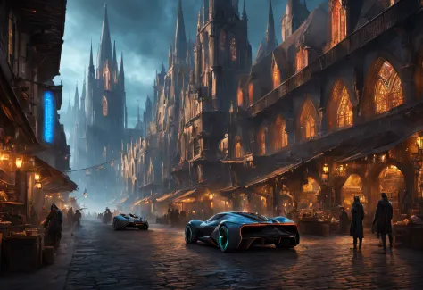 a medieval town with futuristic cars, cyberpunk-clad people, vibrant colors, and dramatic lighting. Highly detailed architecture...