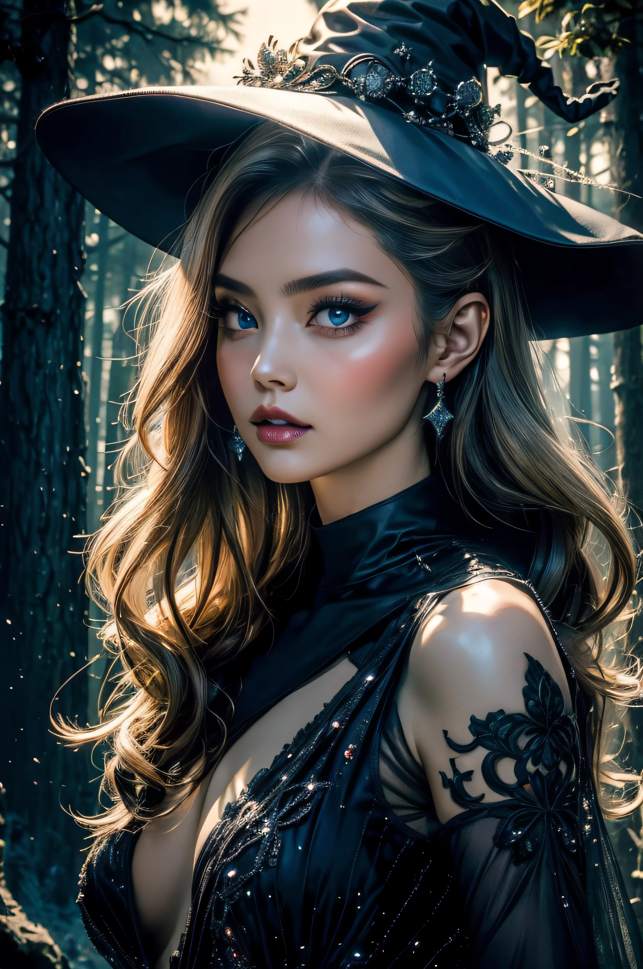 1 beautiful witch girl, ethereal beauty, witch hat, long coat floating, mini skirt, beautiful body, seductive body, beautiful face, detailed face, blue eyes, long hair, nighttime,moonlight, full moon, casting fire magic, fire magic around her, forest, forest plants with neon details, dark fantasy, holding a neon potion, high contrast, 4k art,