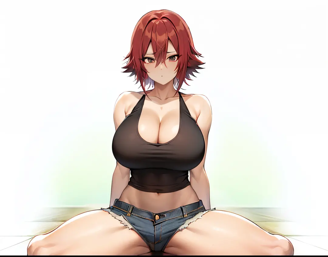 Anime girl with red hair sitting on the floor in seiza style, an anime girl, anime style character, garments:Black tank top, girl wearing denim shorts, In anime style, huge tit, with large breasts, anime styled, Anime style, Muscular woman, knights of zodi...