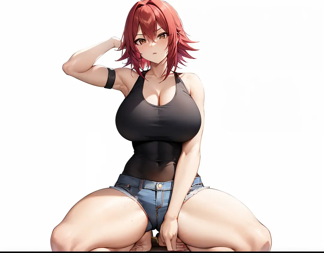 Anime girl with red hair sitting on the floor in seiza style, an anime girl, anime style character, garments:Black tank top, girl wearing denim shorts, In anime style, huge tit, with large breasts, anime styled, Anime style, Muscular woman, knights of zodi...