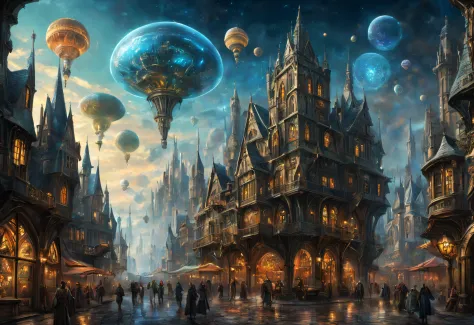 (a fusion of a medieval town and science fiction),oil painting,highres,ultra-detailed,vibrant colors,futuristic architecture,hov...