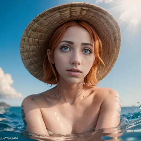 ((emily rudd)), beautiful short woman, orange hair, bright blue eyes, (symmetrical beautiful detailed eyes:1.2), (wearing a stra...