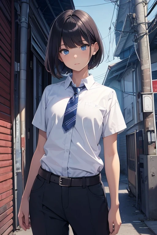 top-quality, Top image quality, (teens girl), 15yo student, ​masterpiece, Medium Short Bob,  A dark-haired, white  shirt, boobplate, long trousers, ((the chest is flat)), Blue eyes, straight haired, A slender, Poor physique,  deadpan, dark alley