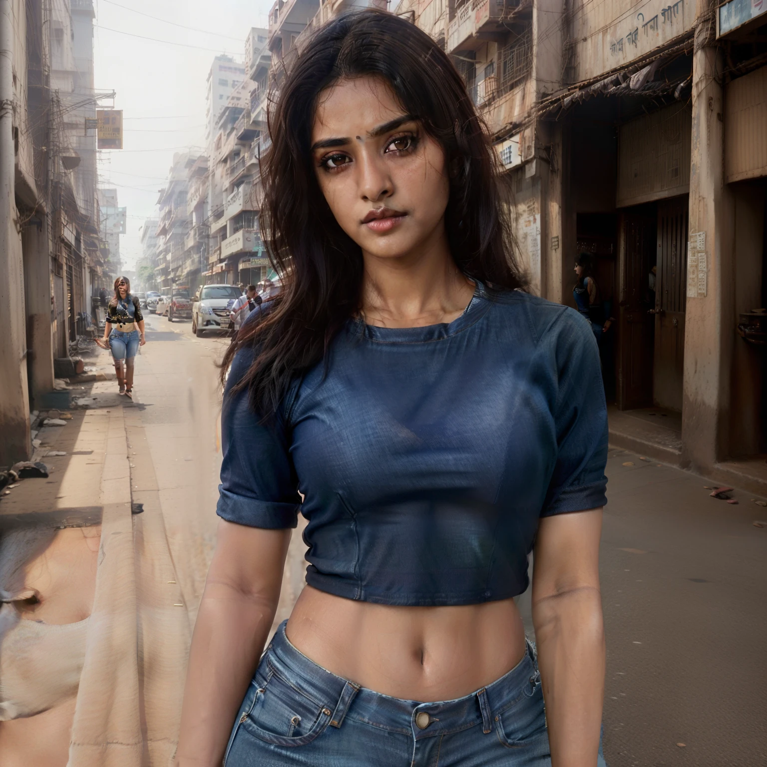 a beautiful girl, brown eyes, gorgeous actress, Indian, full portrait, crop top, realistic, mumbai street, jeans photograph by artgerm and (greg rutkowski:0.ortrait photo, lighting