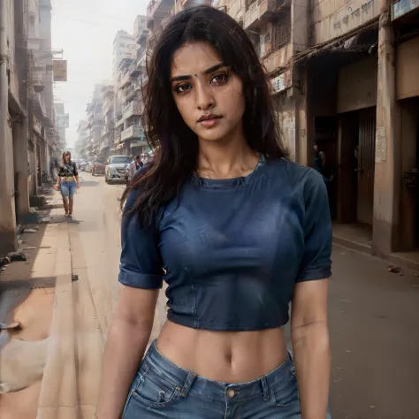 a beautiful girl, brown eyes, gorgeous actress, Indian, full portrait, crop top, realistic, mumbai street, jeans photograph by a...