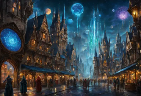 (a fusion of a medieval town and science fiction),oil painting,highres,ultra-detailed,vibrant colors,futuristic architecture,hov...