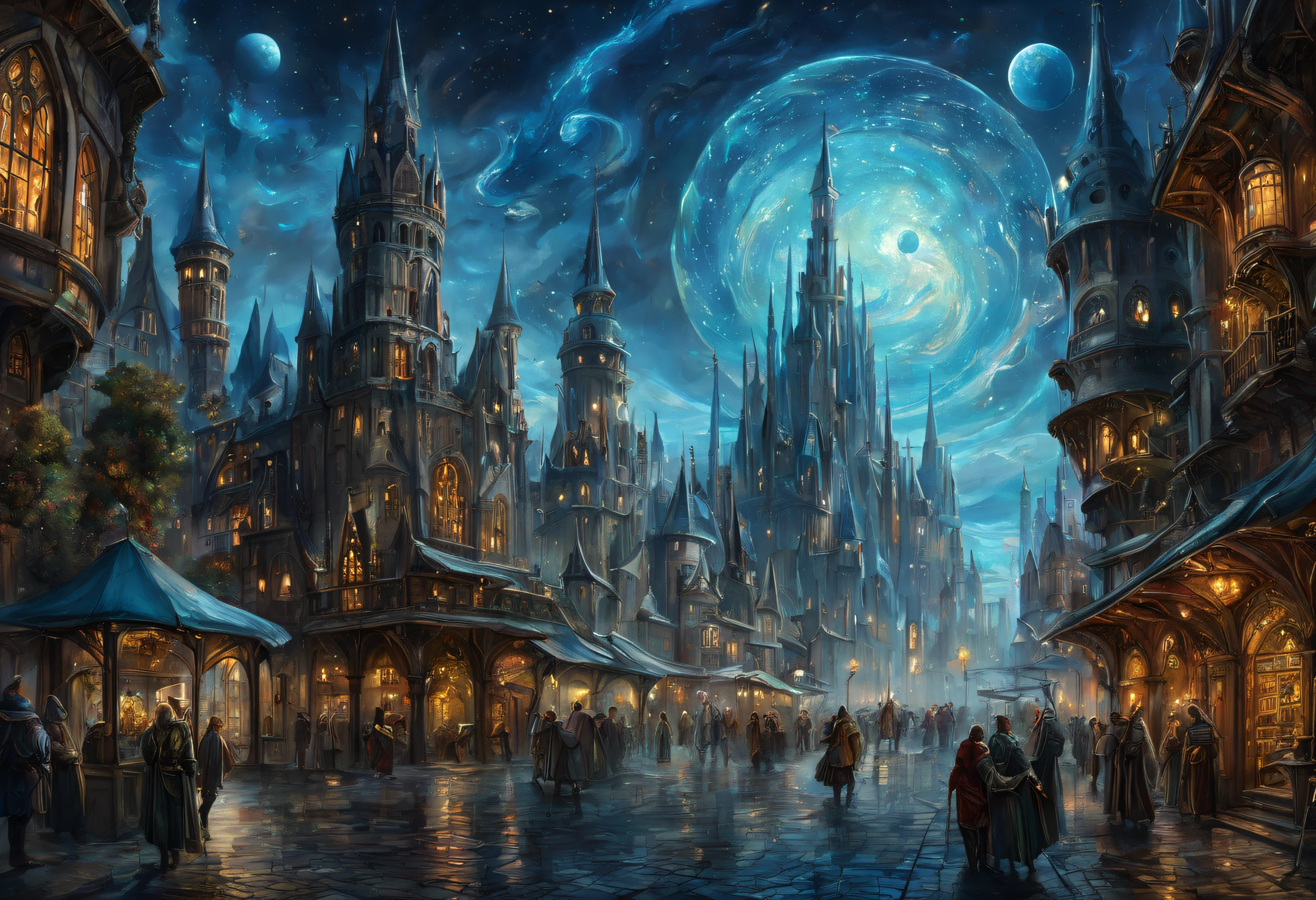 (a fusion of a medieval town and science fiction),oil painting,highres,ultra-detailed,vibrant colors,futuristic architecture,hovering spaceships,mysterious atmosphere,grand castles,twisting cobblestone streets,majestic spires,powerful energy fields,enchanted glowing crystals,steam-powered machinery,curious steampunk inventions,medieval knights in hi-tech armor,otherworldly creatures blending with humans,illuminated holographic signs,advanced transportation systems,glowing neon lights reflecting on the wet pavements,starry night sky with multiple moons,mechanical dragons soaring through the air,hidden underground laboratories,interdimensional portals,ancient ruins being transformed into futuristic structures,ornate stained glass windows depicting futuristic scenes,medieval marketplaces with futuristic kiosks and holographic displays,solar-powered energy generators,enchanted forests with bioluminescent plants,dazzling fireworks illuminating the sky,endless possibilities merging the past and the future.