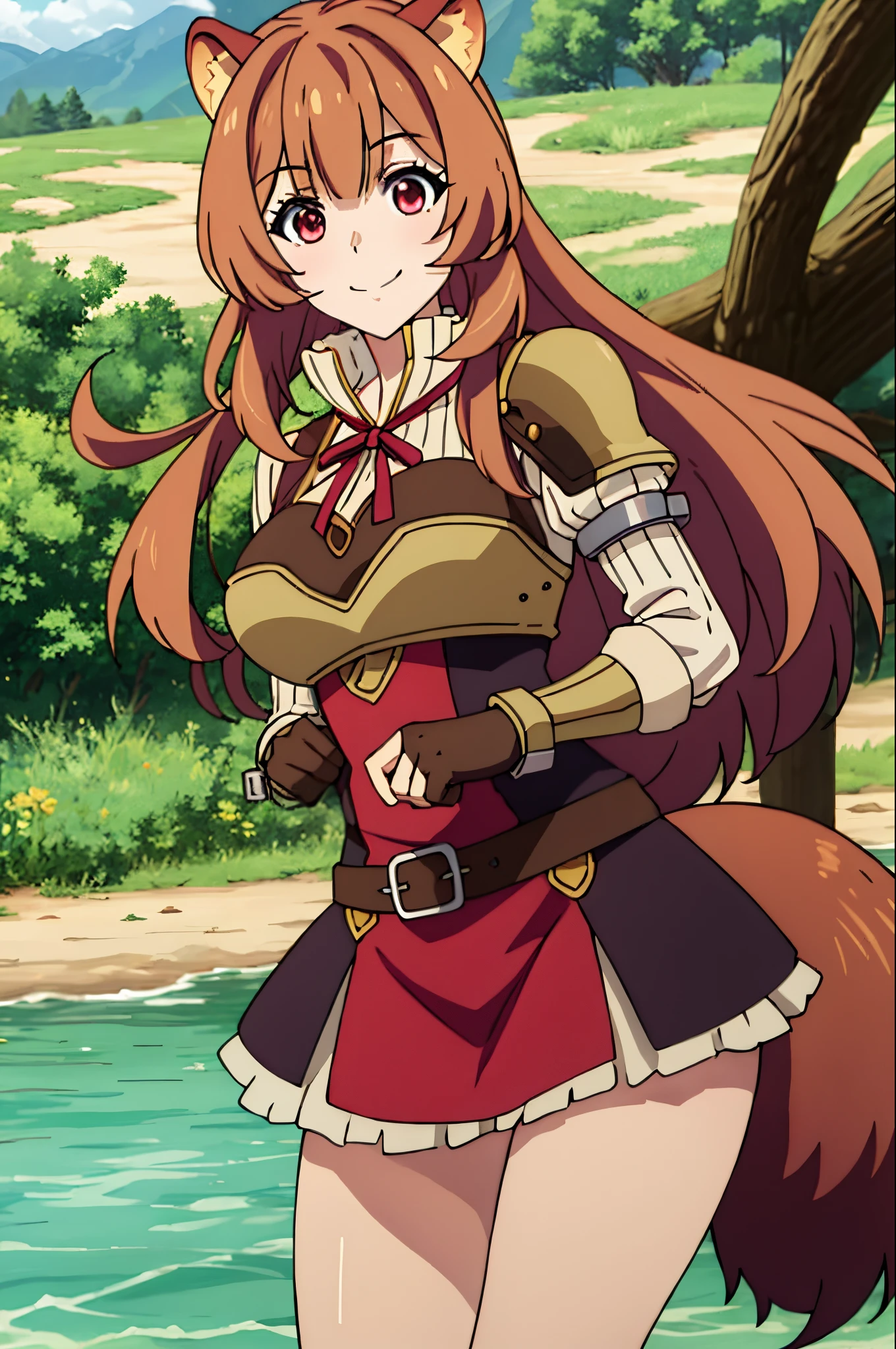Longhaire、raccoon raccoon raccoon tail、Leather-brown hair、river armor、Red-eyed woman、Whip thighs、One woman、large full breasts、A slight smil、pays、Best Quality