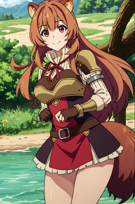Longhaire、raccoon raccoon raccoon tail、Leather-brown hair、river armor、Red-eyed woman、Whip thighs、1人の女性、large full breasts、A slight smil、borgar、Best Quality