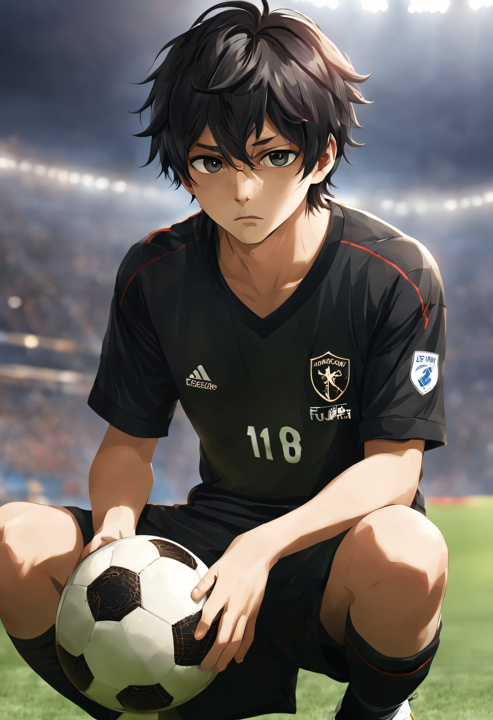 un niño, sad, ropa de futbol dañada, estilo anime, negro cabello, uhd
